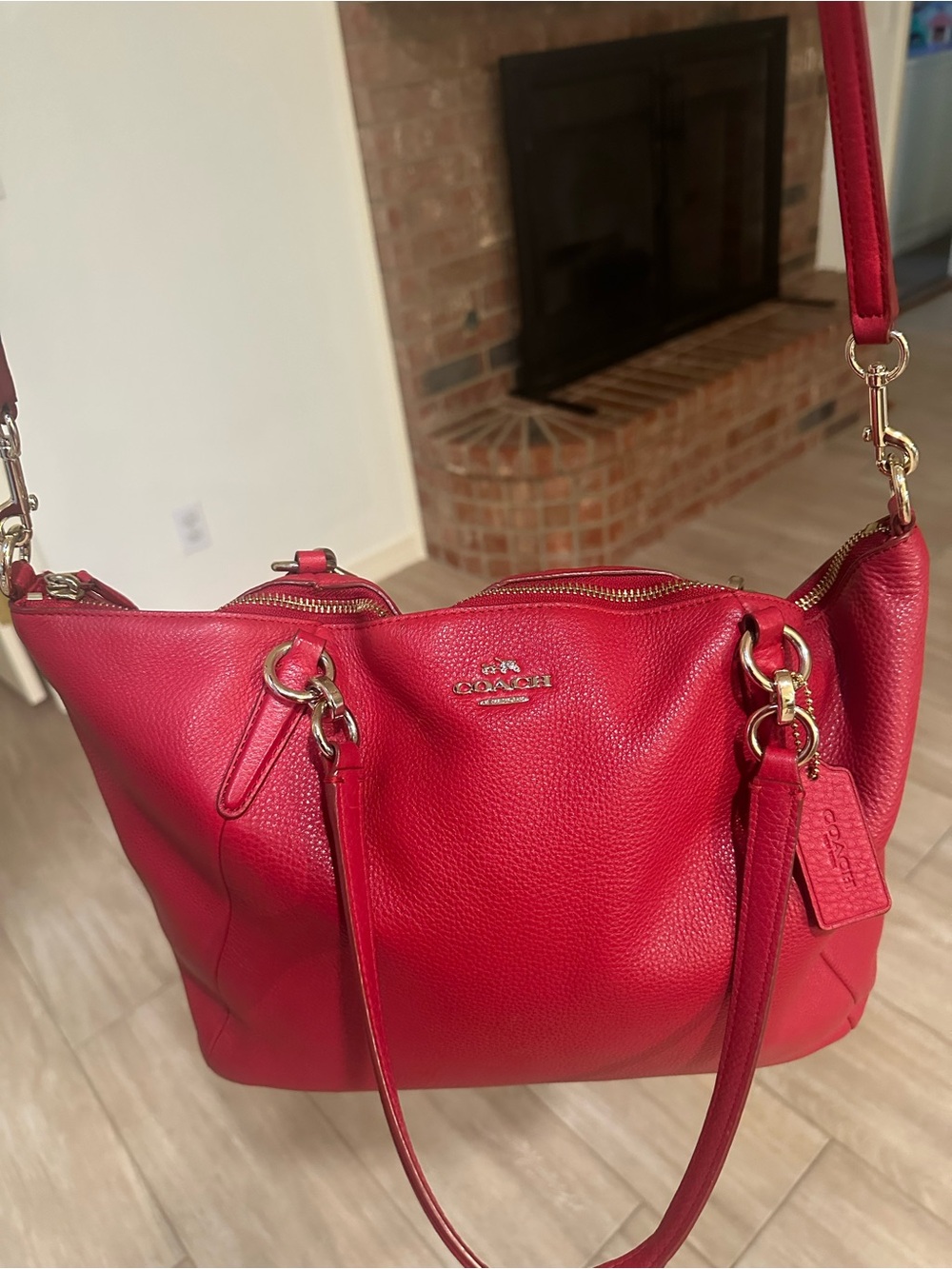 Coach Kelsey Pebbled Leather Shoulder Bag in Red with Gold Hardware